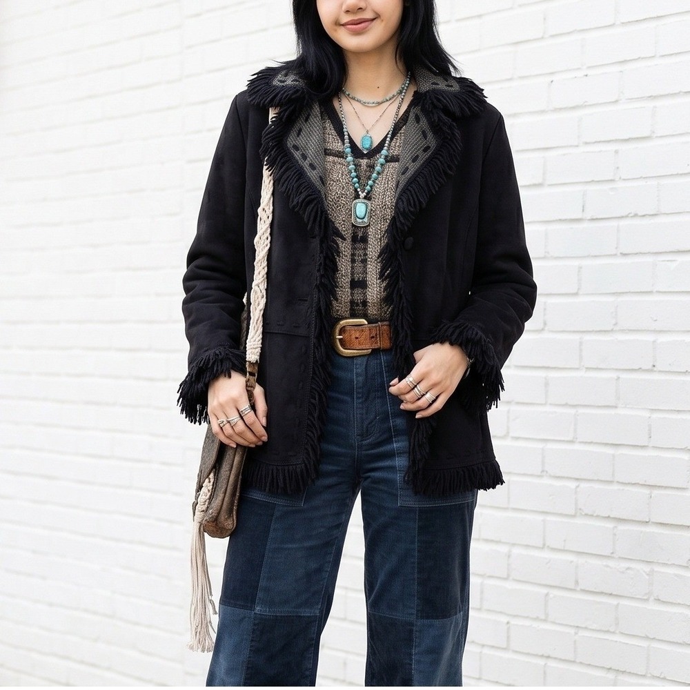 County Clothing Company Jacket Large Black Faux‎ Suede Fringe Western Boho Coat